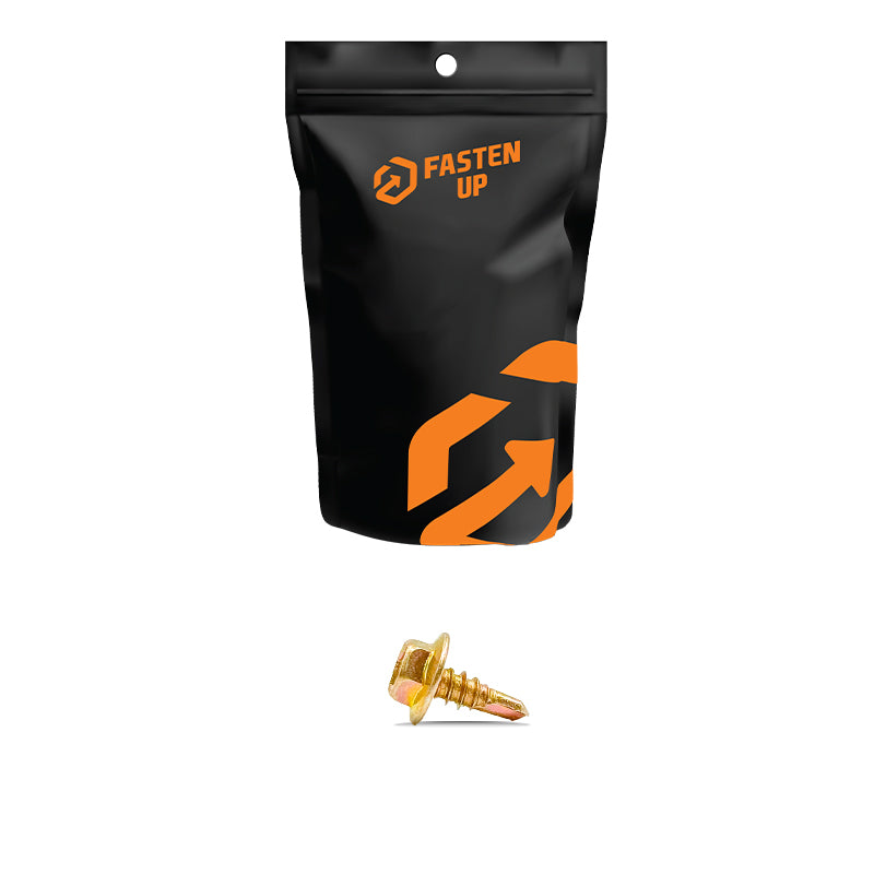 10G x 16mm Hex Metal Tek Screws Gold Zinc - Pack 100