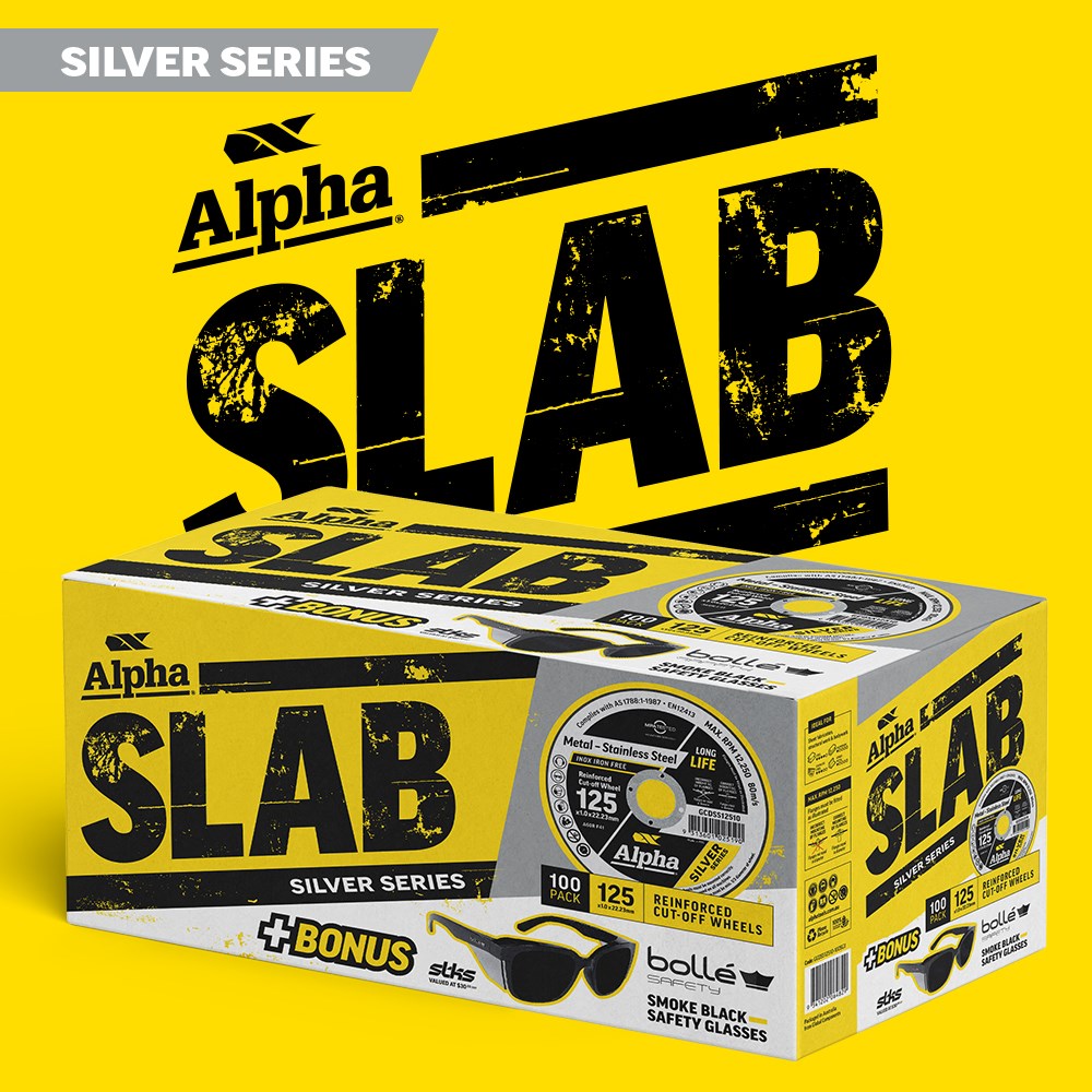 Alpha x Bolle SLAB | 125x1.0mm Silver Series Cutting Disc x100 | Bonus Bolle Safety Glasses