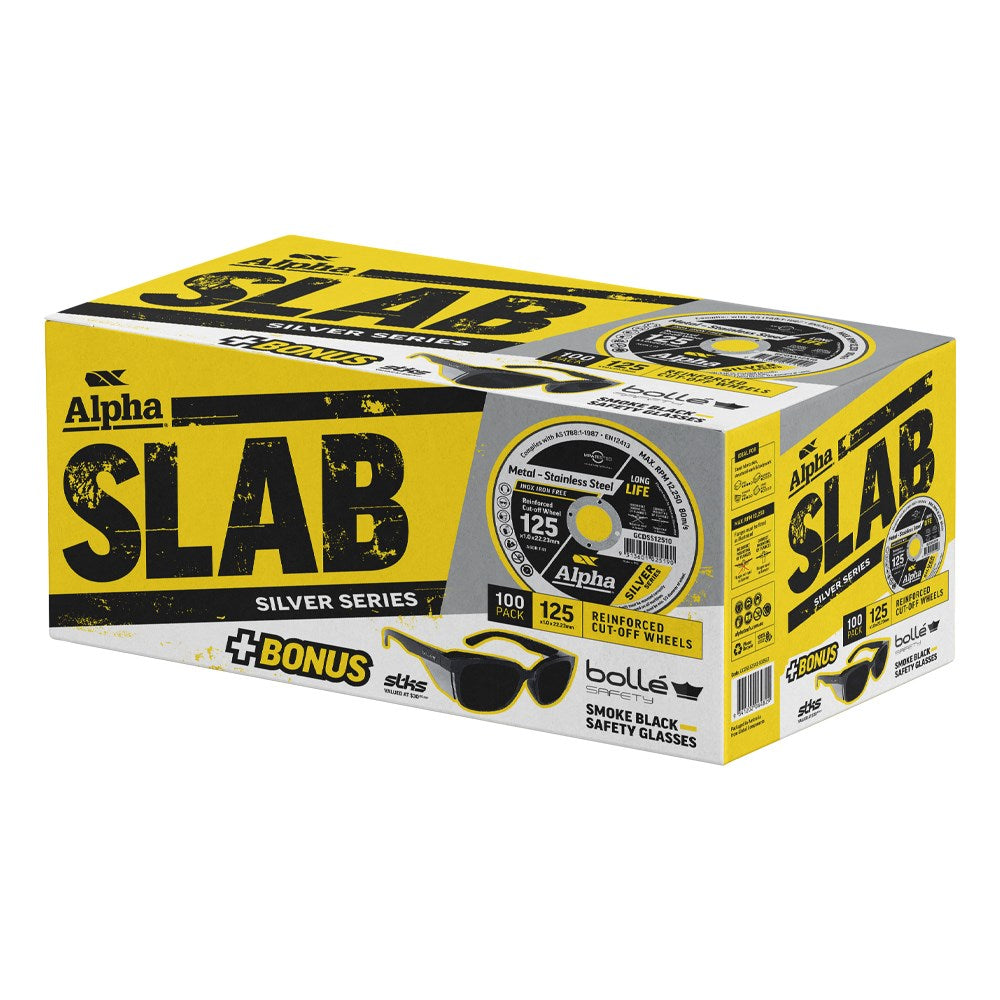 Alpha x Bolle SLAB | 125x1.0mm Silver Series Cutting Disc x100 | Bonus Bolle Safety Glasses