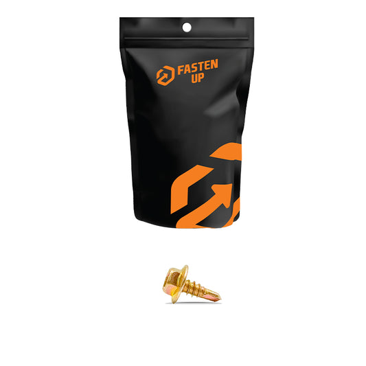 10G x 16mm Hex Metal Tek Screws Gold Zinc - Pack 100