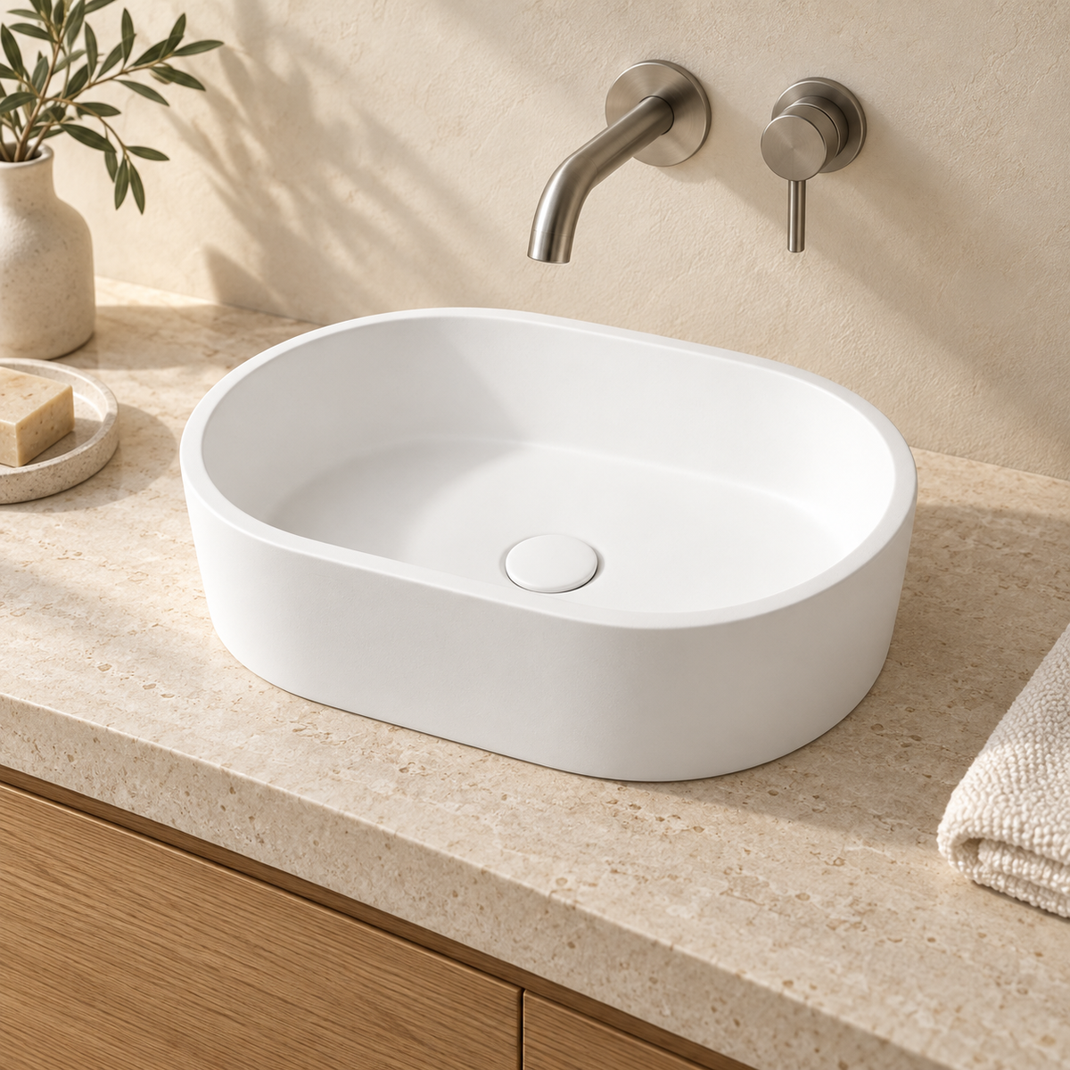 Concrete Basin 400 x 280 x 120mm Oval - Matte White - Pop Up Waste Included