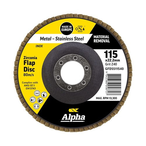 Alpha Flap Disc 115mm Z40 Grit Zirconia - Each