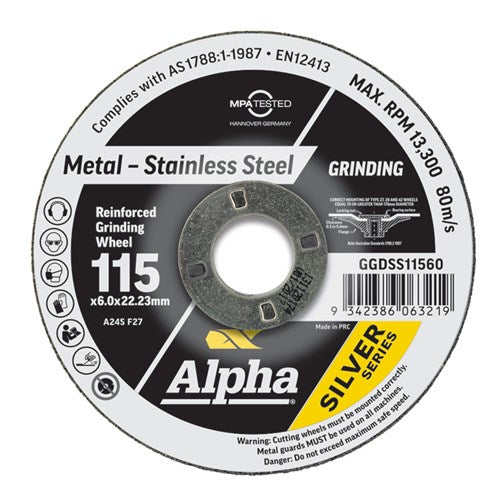 Alpha Grinding Disc 115 x 6mm Stainless Silver Series - Each
