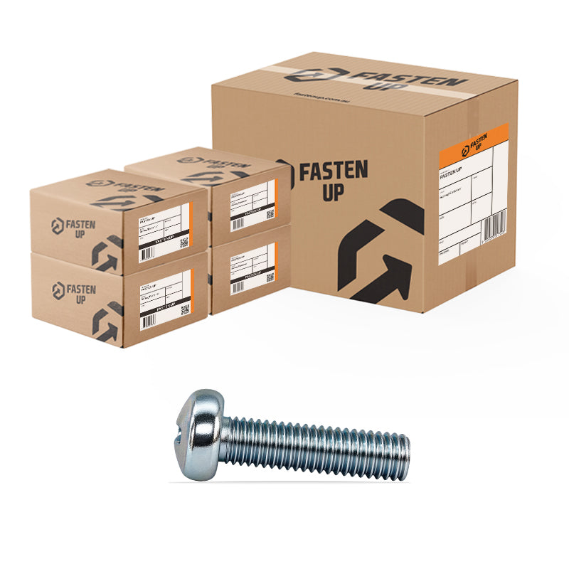 Zinc pan head machine screw with Fasten Up carton and boxes